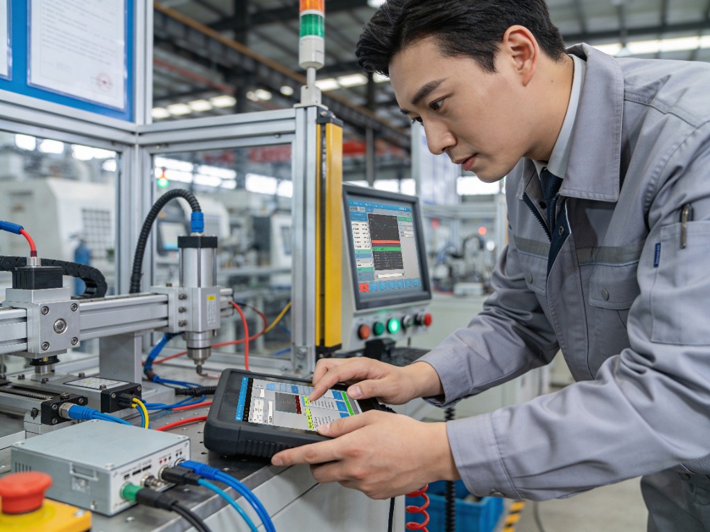 产线工程师使用工业平板与自动化设备及控制站协同作业