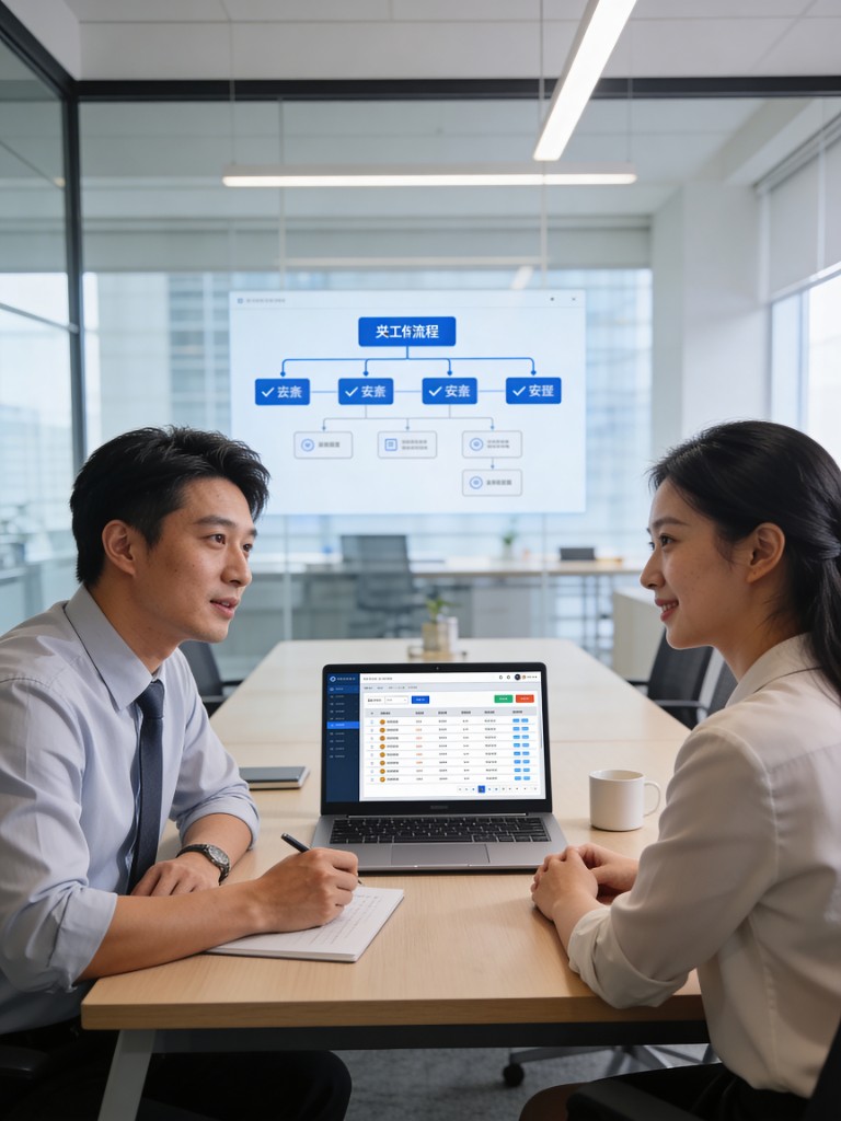 会议室中围绕 ERP 系统与员工工作流程图进行方案沟通